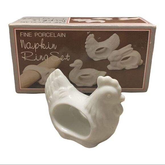 Farmhouse Napkin Rings White Porcelain Animals Pig Rabbit Hen Duck Japan Vintage - Picture 2 of 9
